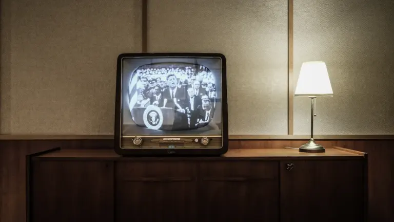 Vintage Fernseher mit eingeschaltetem Bildschirm neben einer klassischen Lampe im Retro-Look.