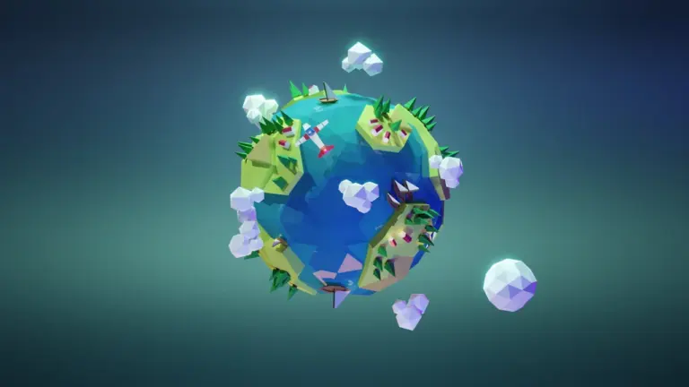 Eine 3D-Grafik eines stilisierten Planeten Erde, der Bäume und Wolken darstellt.