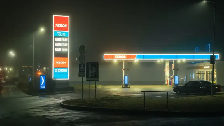 Eine nächtliche Tankstelle bei Nebel mit gut sichtbarer Preistafel für einen Preisvergleich.