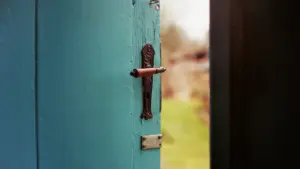 Eine halb geöffnete türkisfarbene Holztür, die einen Blick nach draußen ins Grüne gewährt.